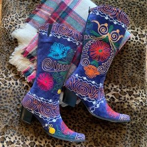 Royal Blue Turkish Suzani Embroidered Boots